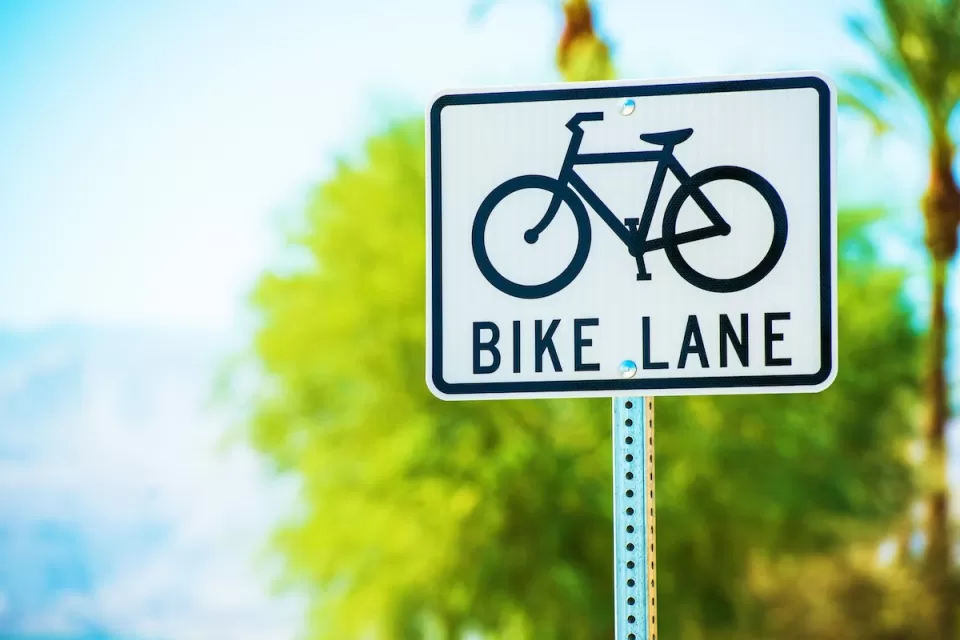 Close-up of white sign with black text; line drawing of bike and 'BIKE LANE'